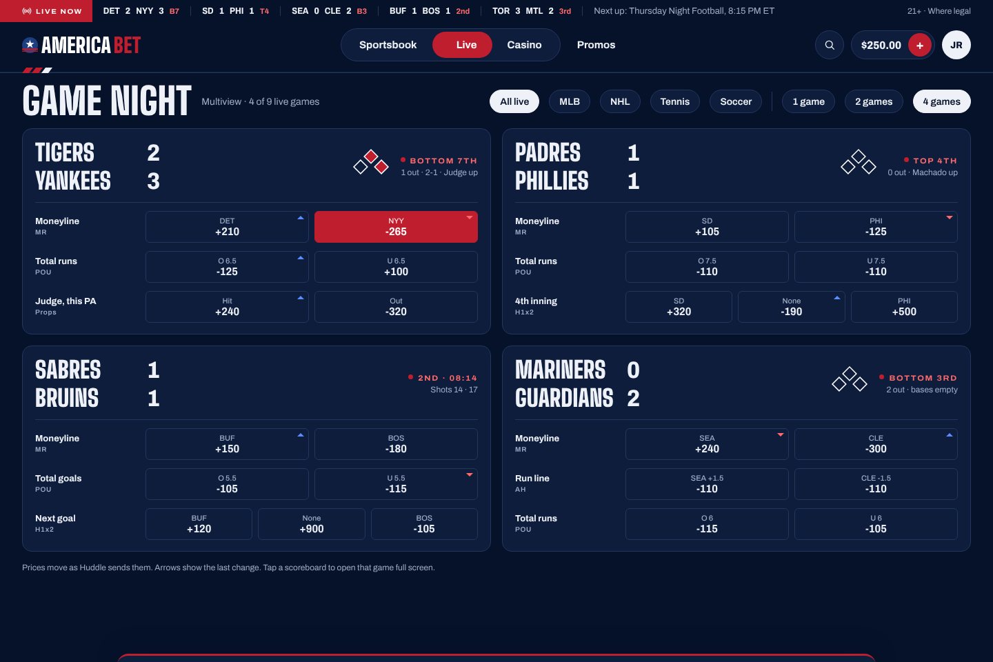 America Bet Game Night live multiview with four games