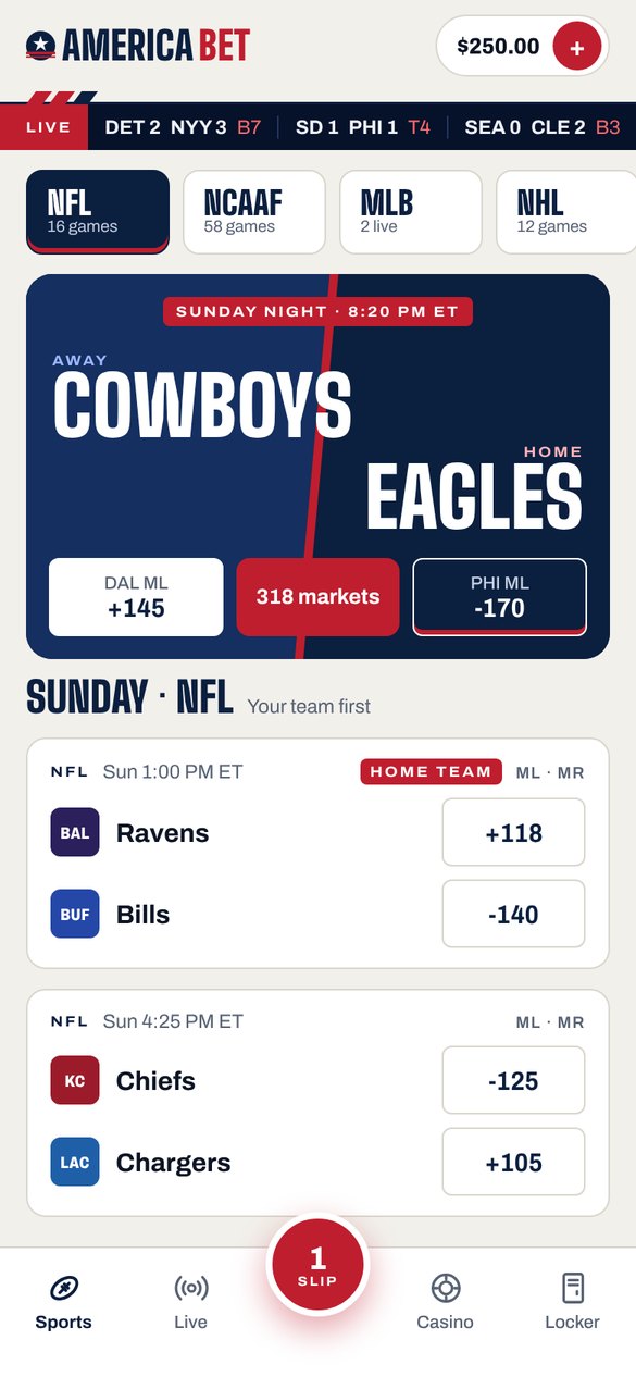 America Bet app sportsbook screen in navy and red