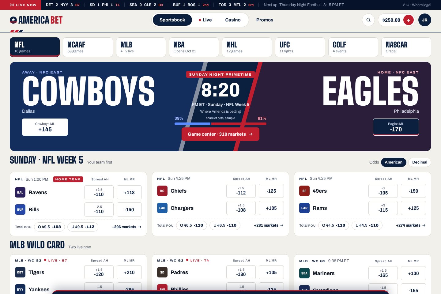 America Bet sportsbook home page on desktop