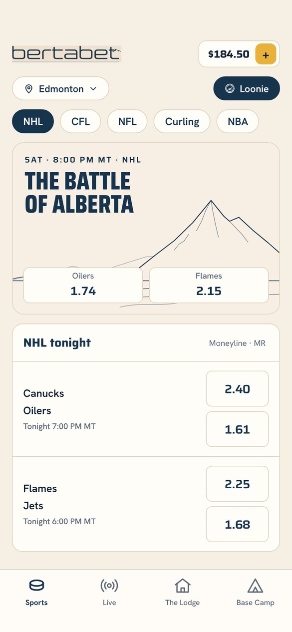BertaBet app home screen with Alberta mountain line art and decimal odds