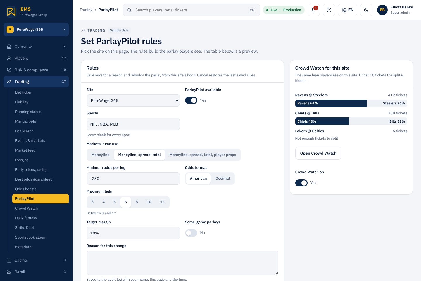 ParlayPilot rules screen in the EMS with a Crowd Watch preview