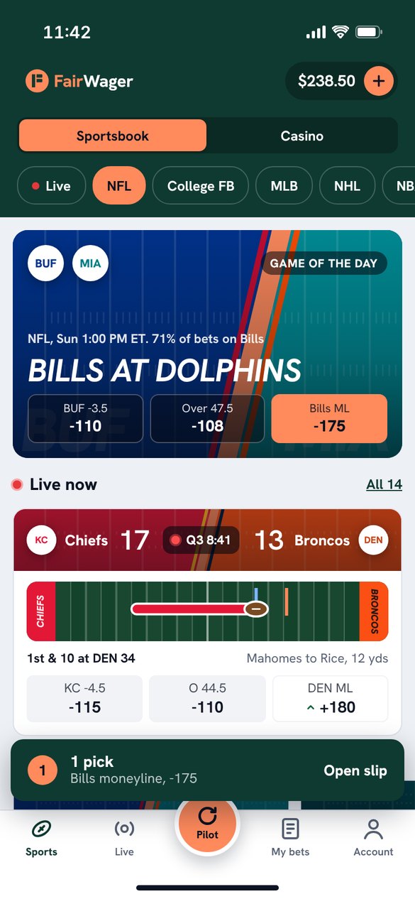 FairWager app home screen in green and orange