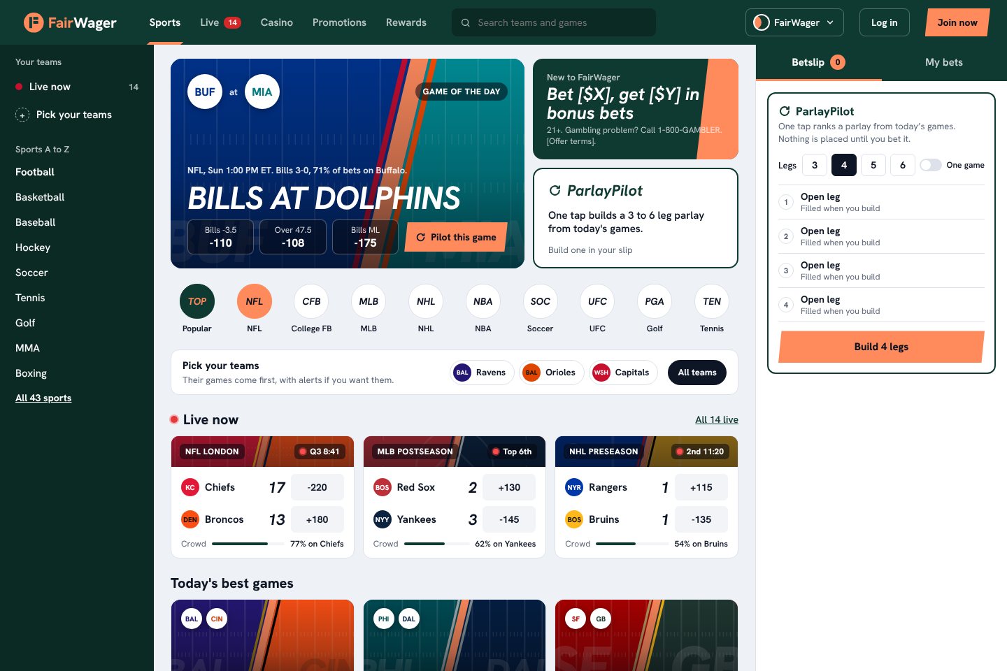FairWager sportsbook home page on desktop