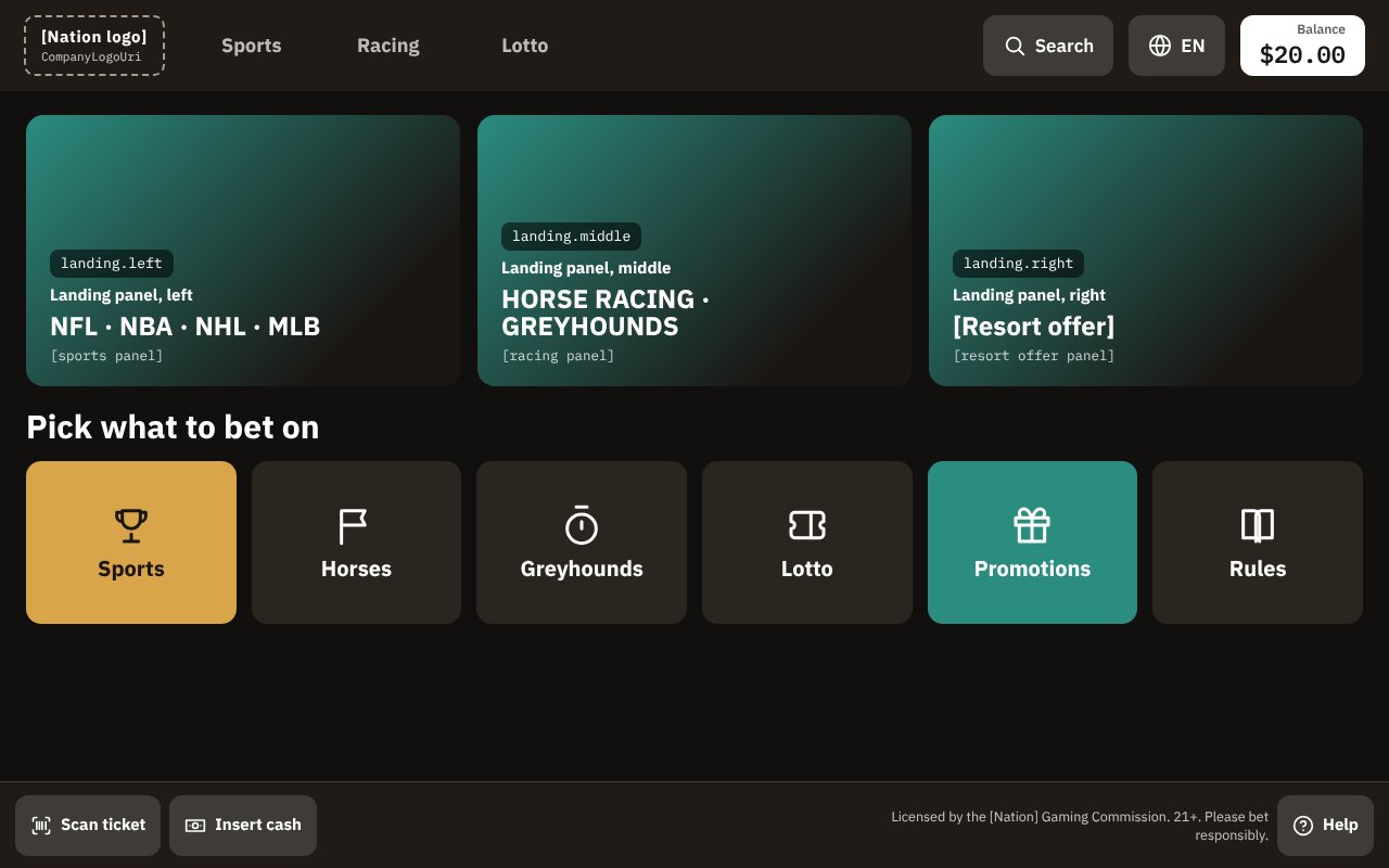 Kiosk home screen in a tribal casino skin with slots for the nation's logo