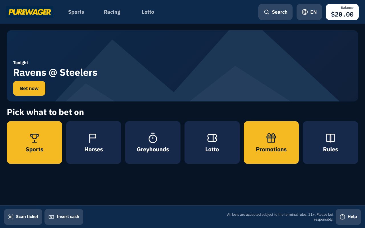 Self-service betting kiosk home screen