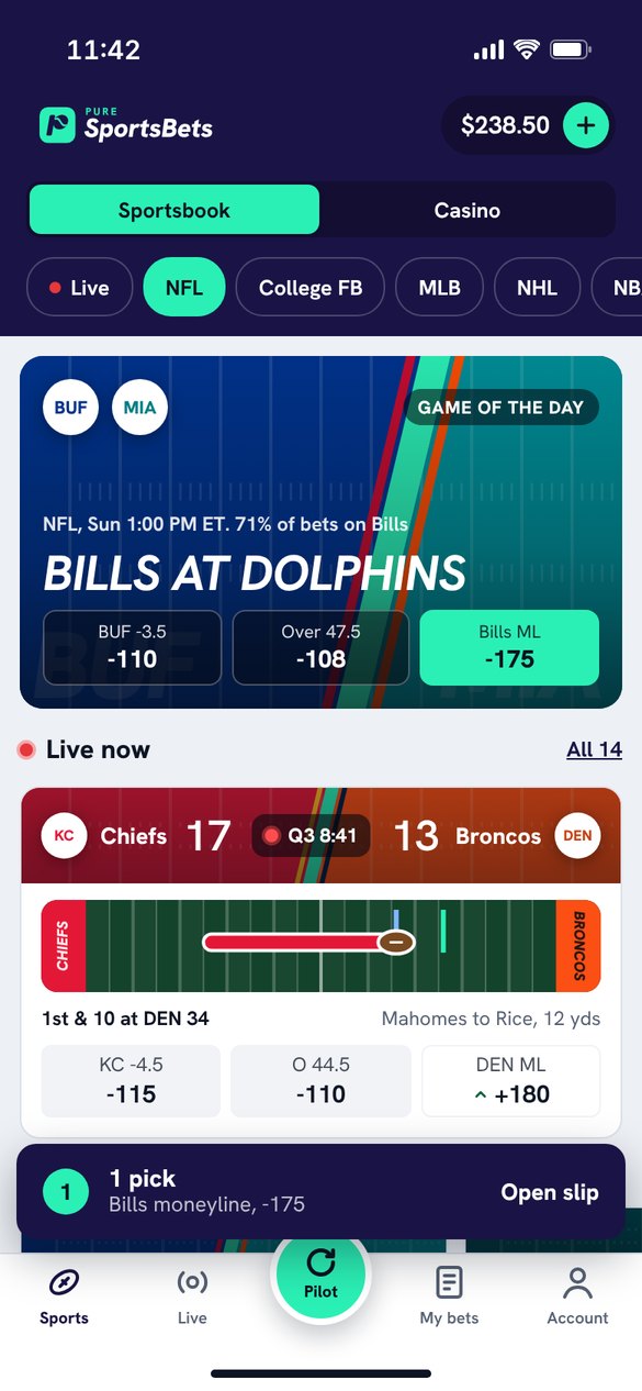 PureSportsBets app home screen in purple and mint