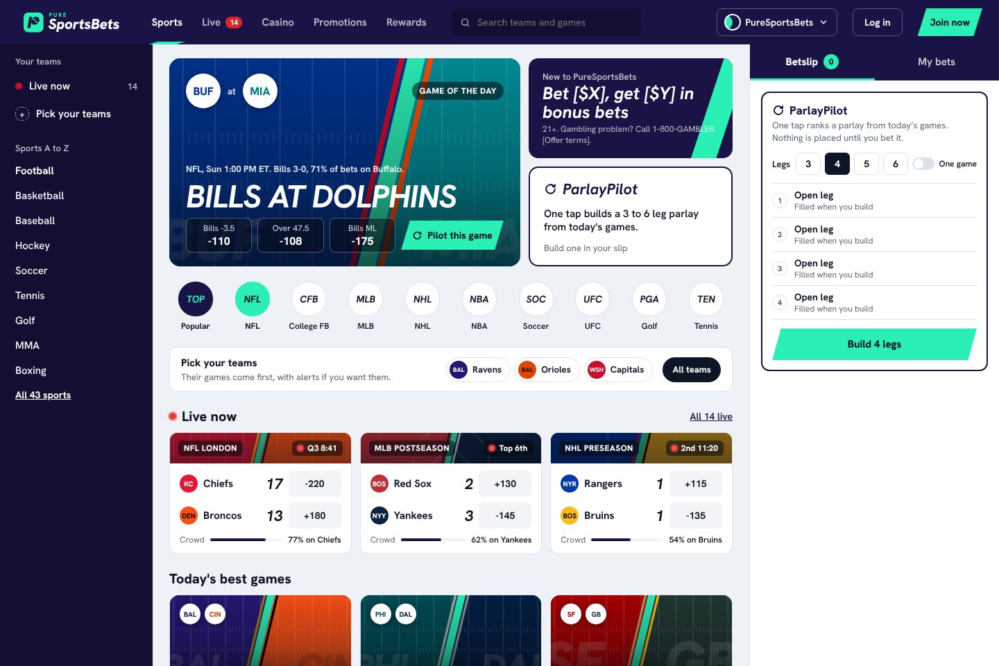 PureSportsBets sportsbook home page on desktop