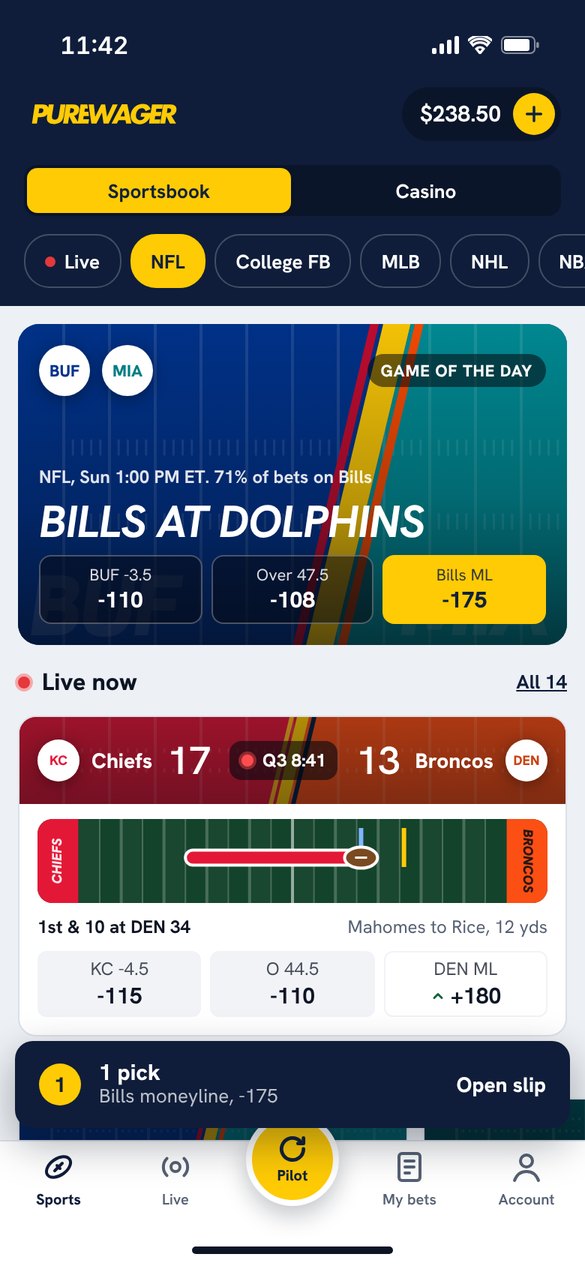PureWager app home screen with a featured NFL game and live scores