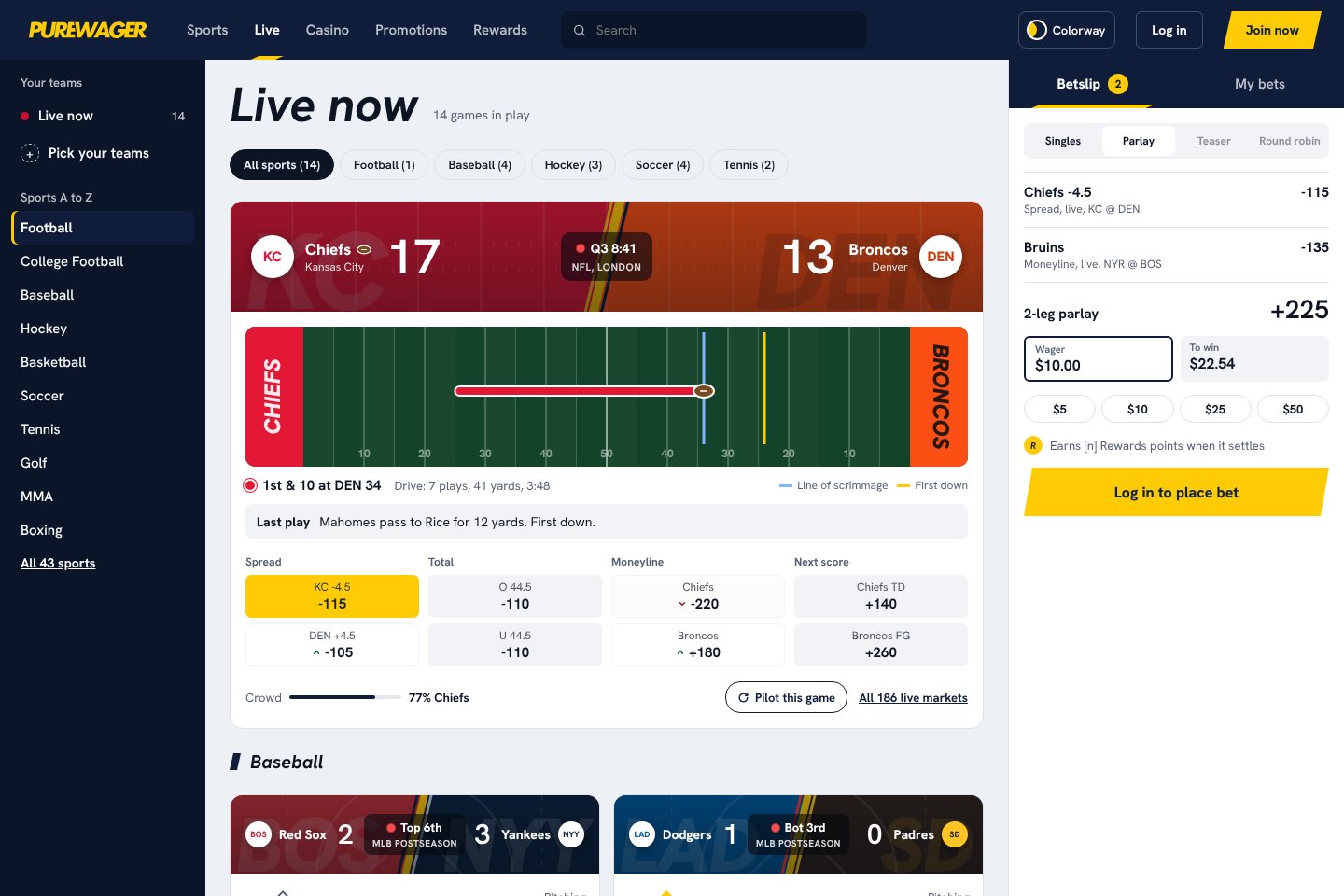 PureWager live betting page with a match tracker