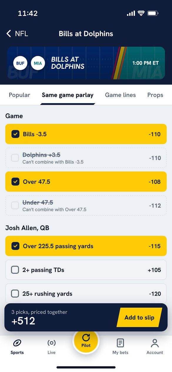 Same game parlay builder in the PureWager app