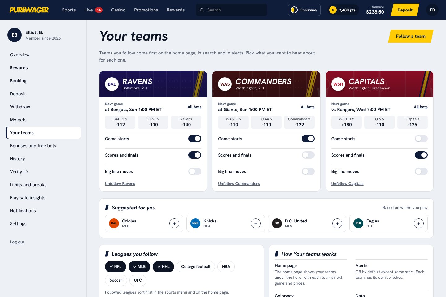 Your teams page with three followed teams and a colorway choice