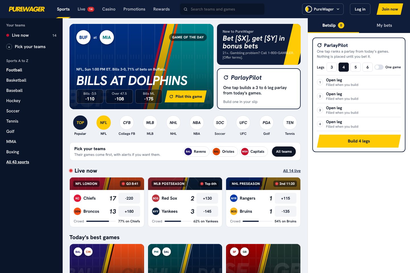 PureWager sportsbook home page on desktop