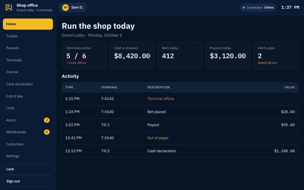Shop office screen showing terminals, cash in drawers and activity
