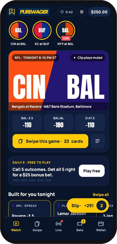 PureWager Swipe app home with a featured game and Daily 5