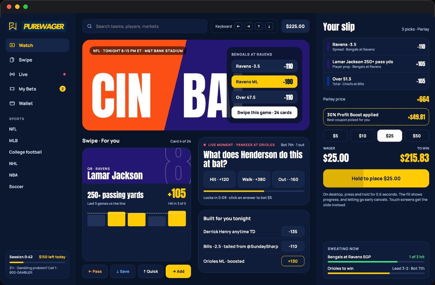 PureWager Swipe feed on desktop with a bet card and slip