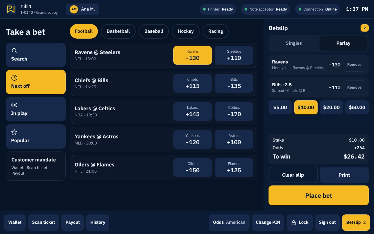 Cashier till betting screen with slip